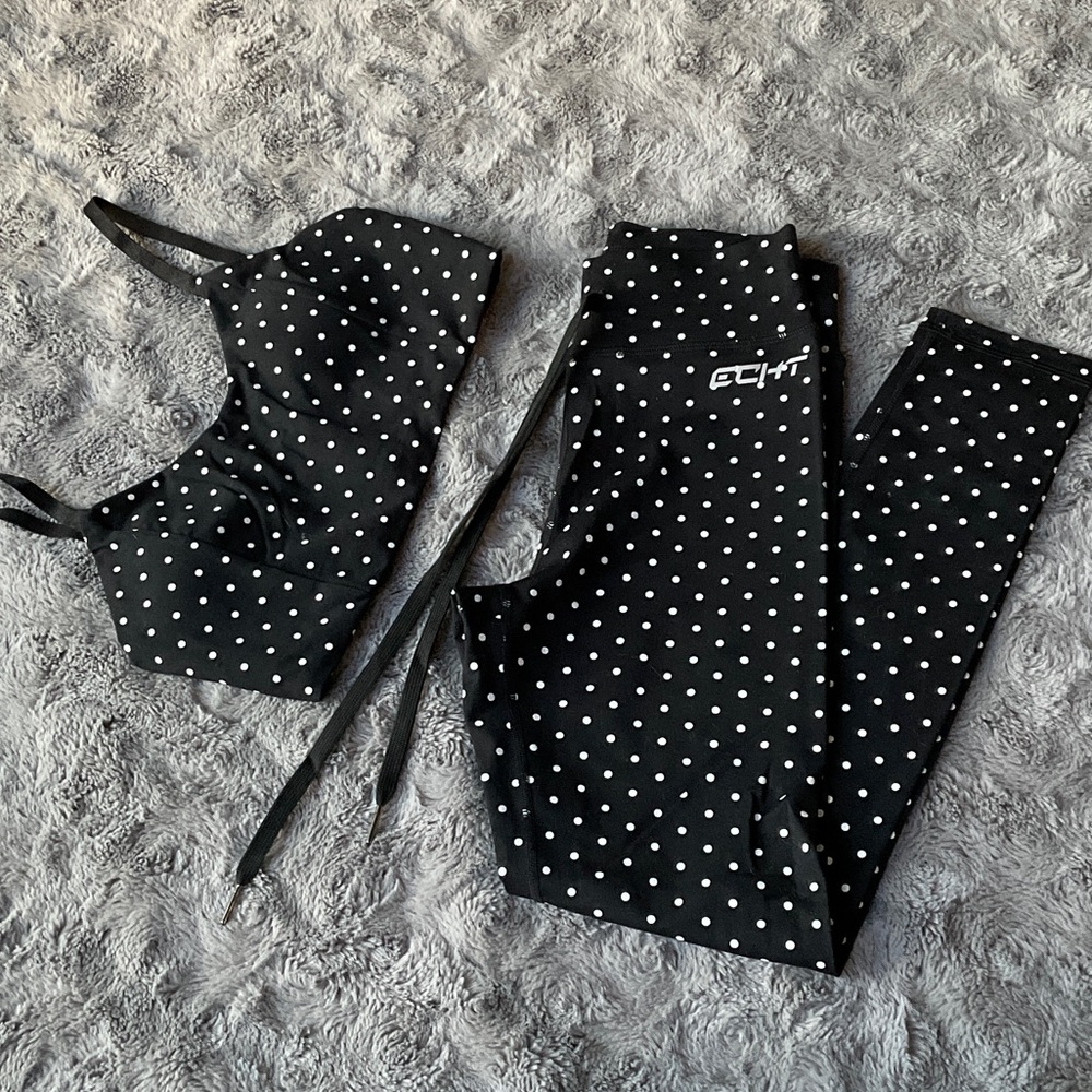 ECHT Black & White Polka Dot Leggings and Matching Sports Bra Set NWOT